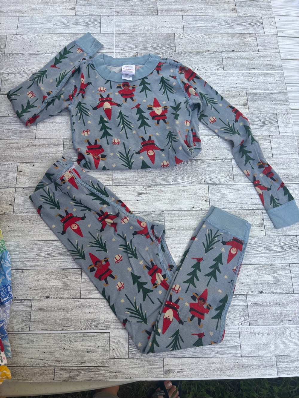 Hanna Anderson Kids Holiday Pajama Set - Light Blue with Red & Green Prints